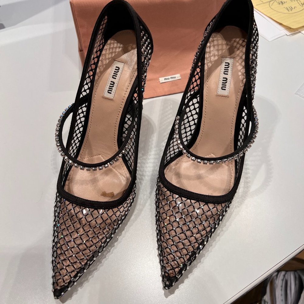 Crystal Embellished Fishnet Pointed Toe Pump Miu Miu